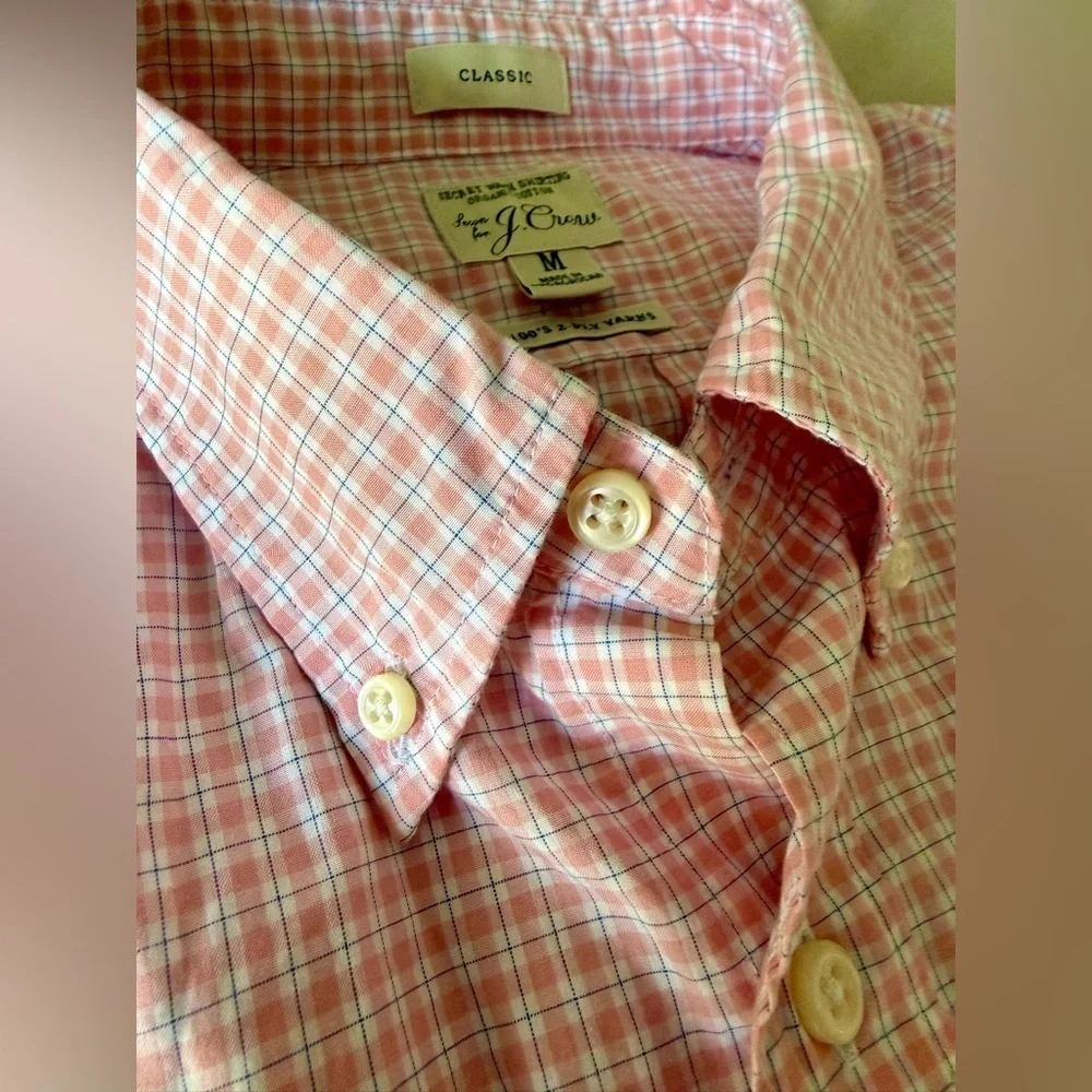 EUC⚡️J.Crew Classic Secret Wash Shirt Men’s Medium Pink Gingham Organic Cotton